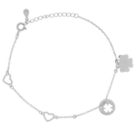 Aranyozott ezüst karkötő - négylevelű lóhere, szív, hossza 16 - 19 cm | Argento-ekszer.hu