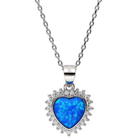 Ezüst nyaklánc - szív, átlátszó kerek cirkóniák, kék szív alakú szintetikus opál, hossza 43 - 46 cm | Argento-ekszer.hu