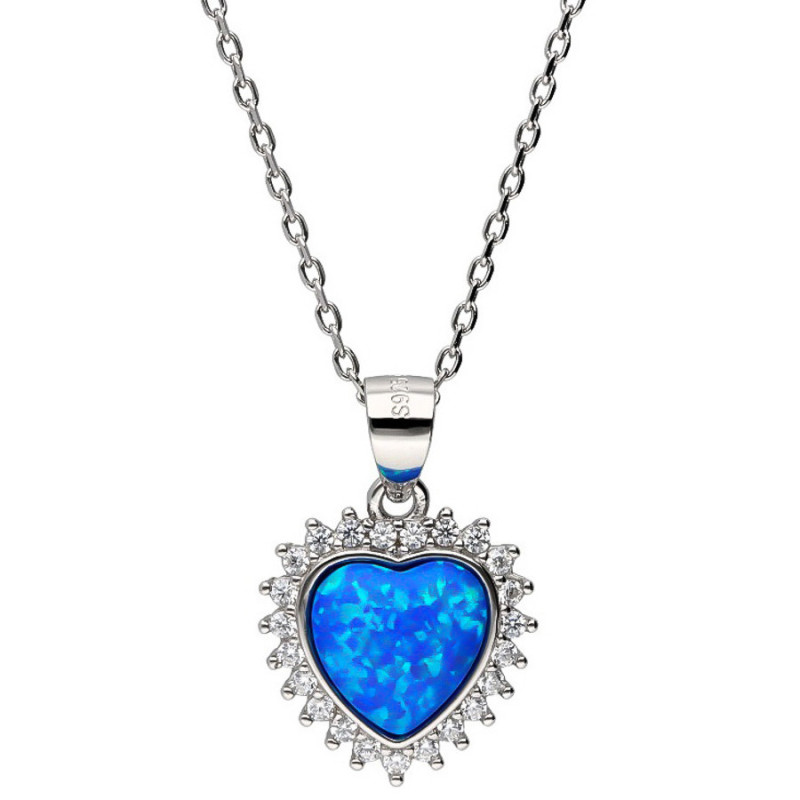 Ezüst nyaklánc - szív, átlátszó kerek cirkóniák, kék szív alakú szintetikus opál, hossza 43 - 46 cm | Argento-ekszer.hu