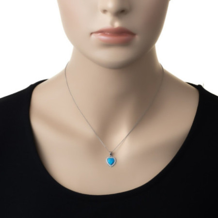 Ezüst nyaklánc - szív, átlátszó kerek cirkóniák, kék szív alakú szintetikus opál, hossza 43 - 46 cm | Argento-ekszer.hu