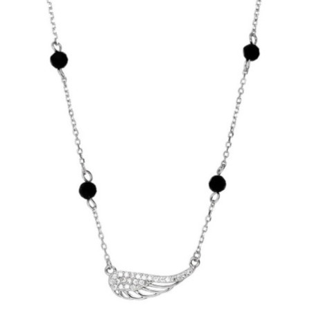 Ezüst nyaklánc - angyalszárny, fekete golyó alakú cirkóniák, átlátszó kerek cirkóniák, hossza 43 - 46 cm | Argento-ekszer.hu