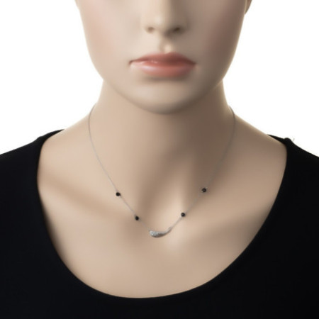 Ezüst nyaklánc - angyalszárny, fekete golyó alakú cirkóniák, átlátszó kerek cirkóniák, hossza 43 - 46 cm | Argento-ekszer.hu