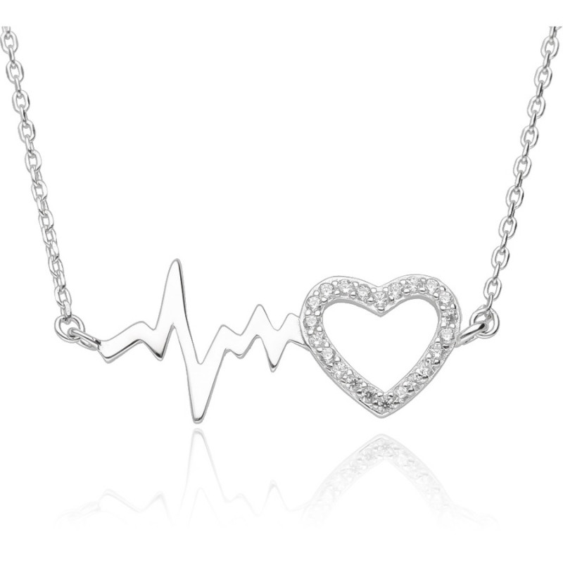 Ezüst nyaklánc - szív, EKG, átlátszó kerek cirkóniák, hossza 43 - 46 cm | Argento-ekszer.hu