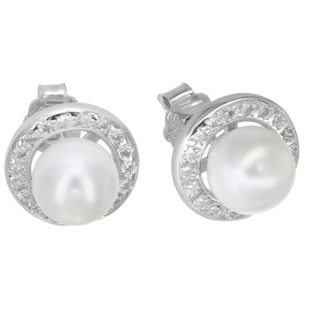 Ezüst fülbevaló - golyók, fehér golyó alakú műgyöngy, átlátszó kerek cirkóniák | Argento-ekszer.hu