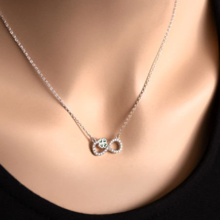 Ezüst nyaklánc - négylevelű lóhere, végtelen, átlátszó kerek cirkóniák, zöld  máz, hossza 43 - 46 cm | Argento-ekszer.hu
