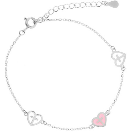 Ezüst karkötő - szívek, keresztek, Rolo minta, rózsaszín  máz, hossza 16 - 19 cm | Argento-ekszer.hu