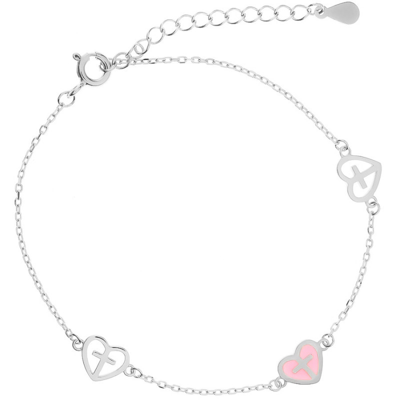 Ezüst karkötő - szívek, keresztek, Rolo minta, rózsaszín  máz, hossza 16 - 19 cm | Argento-ekszer.hu