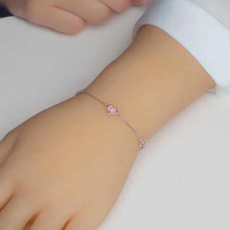 Ezüst karkötő - szívek, keresztek, Rolo minta, rózsaszín  máz, hossza 16 - 19 cm | Argento-ekszer.hu