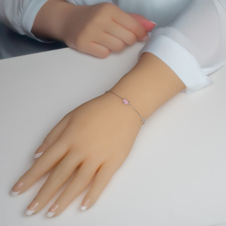 Ezüst karkötő - szívek, keresztek, Rolo minta, rózsaszín  máz, hossza 16 - 19 cm | Argento-ekszer.hu