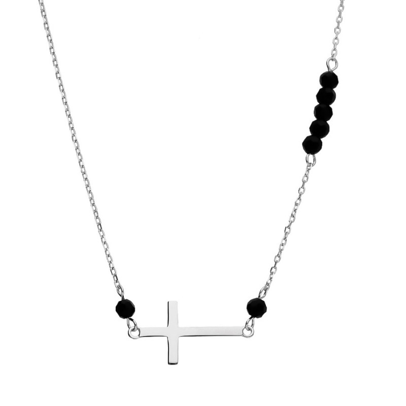 Ezüst nyaklánc - kereszt, fekete golyó alakú cirkóniák, hossza 44 - 47 cm | Argento-ekszer.hu Ezüst nyaklánc - kereszt, fekete golyó alakú cirkóniák, hossza 44 - 47 cm | Argento-ekszer.hu