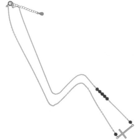 Ezüst nyaklánc - kereszt, fekete golyó alakú cirkóniák, hossza 44 - 47 cm | Argento-ekszer.hu