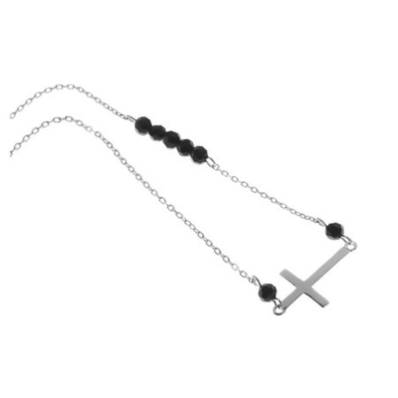 Ezüst nyaklánc - kereszt, fekete golyó alakú cirkóniák, hossza 44 - 47 cm | Argento-ekszer.hu