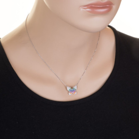 Ezüst nyaklánc - pillangó, színes kerek cirkóniák, hossza 43 - 46 cm | Argento-ekszer.hu
