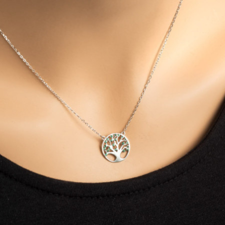 Ezüst nyaklánc - életfa, zöld kerek cirkóniák, hossza 43 - 46 cm | Argento-ekszer.hu