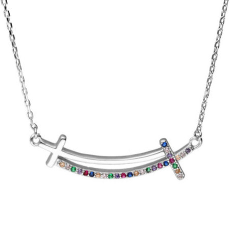 Ezüst nyaklánc - kereszt, színes kerek cirkóniák, hossza 42 - 45 cm | Argento-ekszer.hu