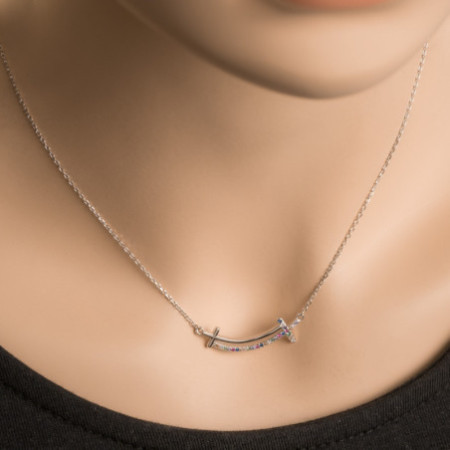 Ezüst nyaklánc - kereszt, színes kerek cirkóniák, hossza 42 - 45 cm | Argento-ekszer.hu