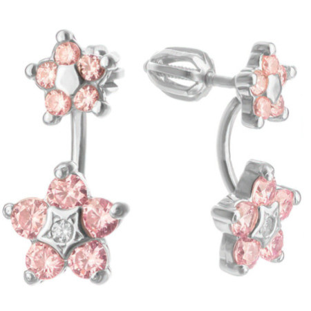 Ezüst fülbevaló dupla - virág, rózsaszín kerek cirkóniák | Argento-ekszer.hu
