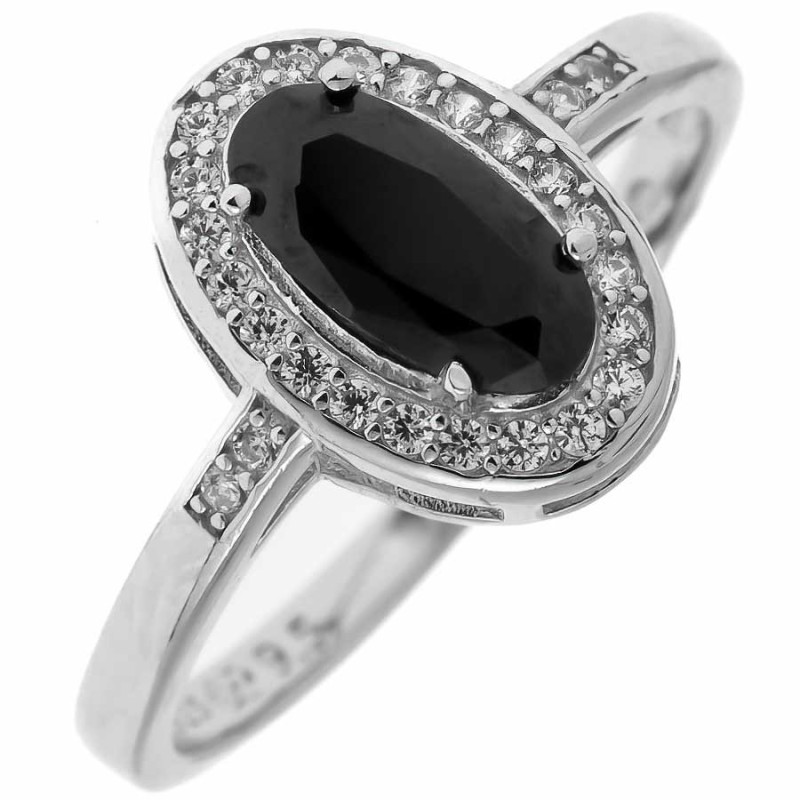 Ezüst gyűrű - átlátszó kerek cirkóniák, fekete ovális cirkónia | Argento-ekszer.hu