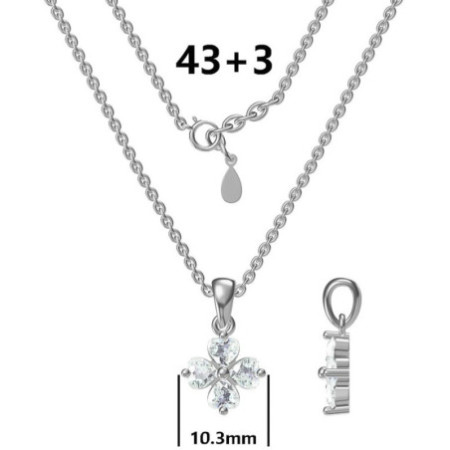 Ezüst nyaklánc - négylevelű lóhere, átlátszó szív alakú cirkóniák, hossza 43 - 46 cm | Argento-ekszer.hu