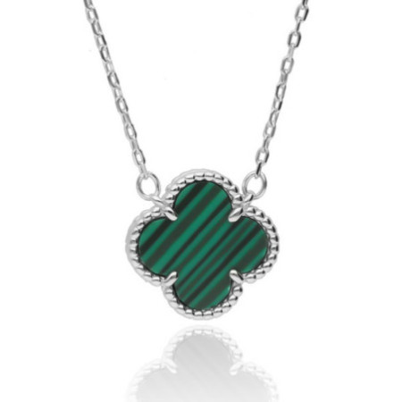 Ezüst nyaklánc - négylevelű lóhere, szintetikus kő zöld malachit, hossza 43 - 46 cm | Argento-ekszer.hu