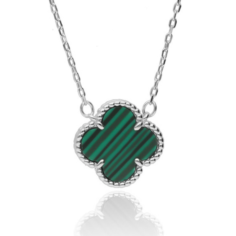 Ezüst nyaklánc - négylevelű lóhere, szintetikus kő zöld malachit, hossza 43 - 46 cm | Argento-ekszer.hu