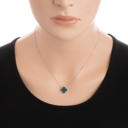 Ezüst nyaklánc - négylevelű lóhere, szintetikus kő zöld malachit, hossza 43 - 46 cm | Argento-ekszer.hu