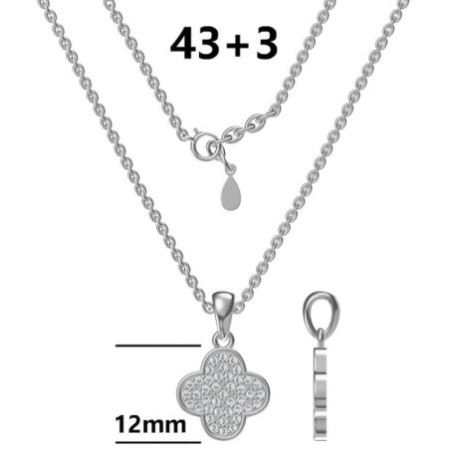 Ezüst nyaklánc - négylevelű lóhere, átlátszó kerek cirkóniák, hossza 43 - 46 cm | Argento-ekszer.hu