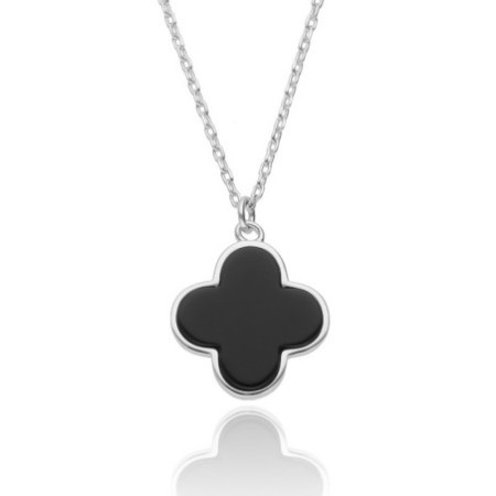 Ezüst nyaklánc - négylevelű lóhere, szintetikus kő fekete ónix, hossza 43 - 46 cm | Argento-ekszer.hu