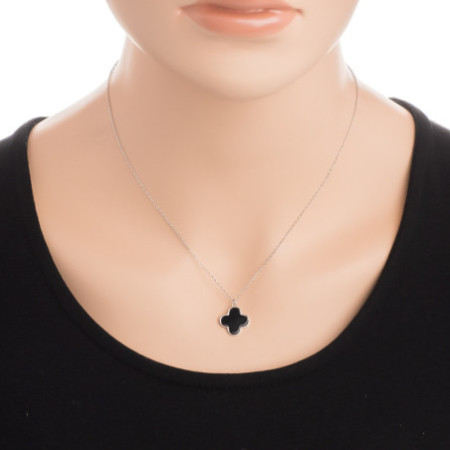 Ezüst nyaklánc - négylevelű lóhere, szintetikus kő fekete ónix, hossza 43 - 46 cm | Argento-ekszer.hu
