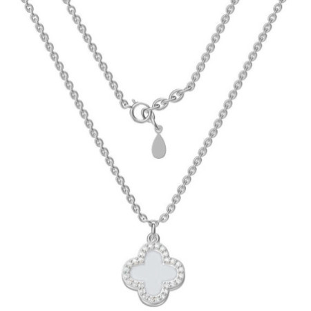 Ezüst nyaklánc - négylevelű lóhere, fehér  gyöngyház, hossza 43 - 46 cm | Argento-ekszer.hu