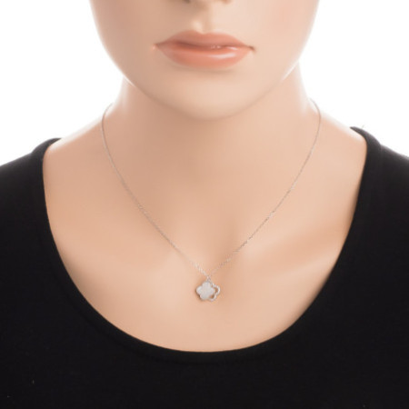 Ezüst nyaklánc - négylevelű lóhere, fehér  gyöngyház, hossza 43 - 46 cm | Argento-ekszer.hu