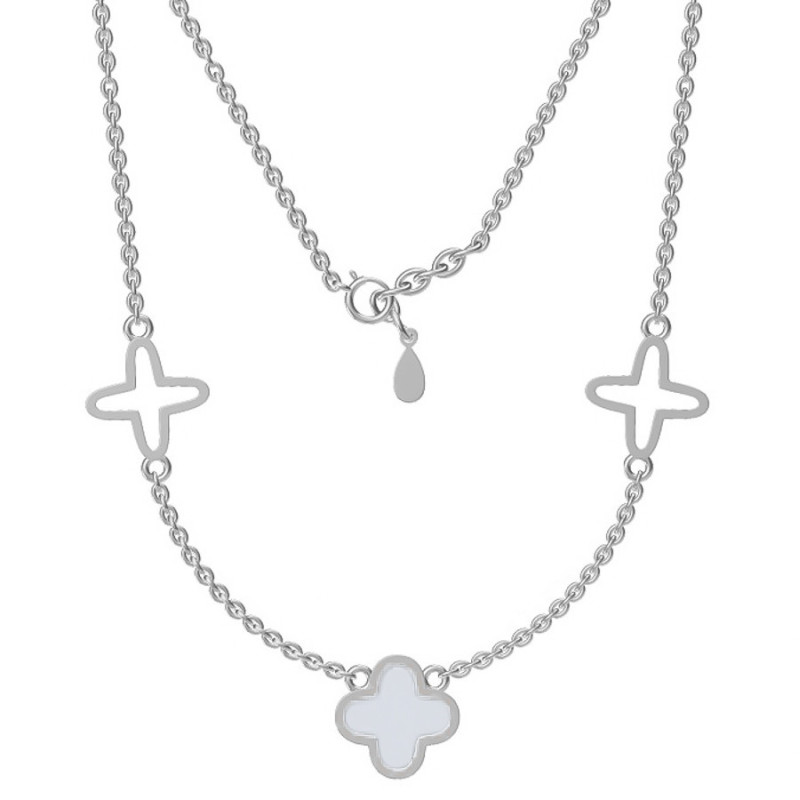 Ezüst nyaklánc - négylevelű lóhere, fehér  gyöngyház, hossza 43 - 46 cm | Argento-ekszer.hu