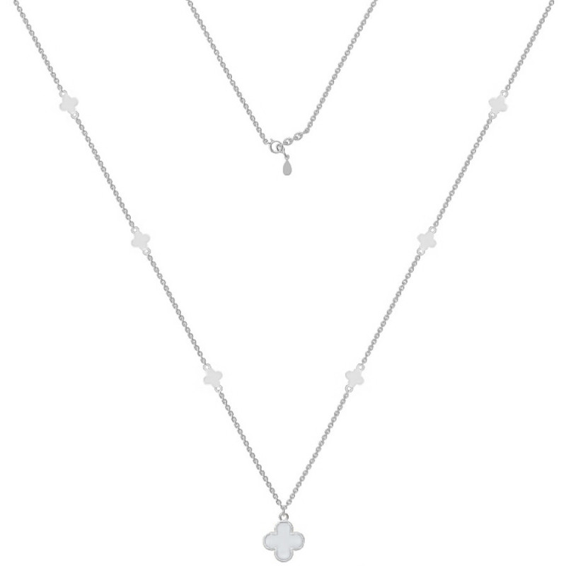 Ezüst nyaklánc - négylevelű lóhere, fehér  gyöngyház, hossza 43 - 46 cm | Argento-ekszer.hu