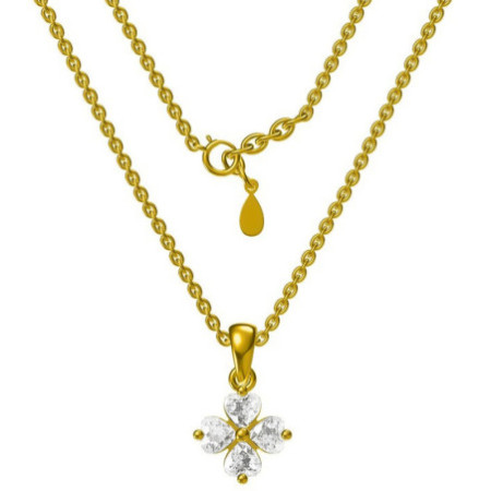 Aranyozott ezüst nyaklánc - négylevelű lóhere, átlátszó szív alakú cirkóniák, hossza 43 - 46 cm | Argento-ekszer.hu