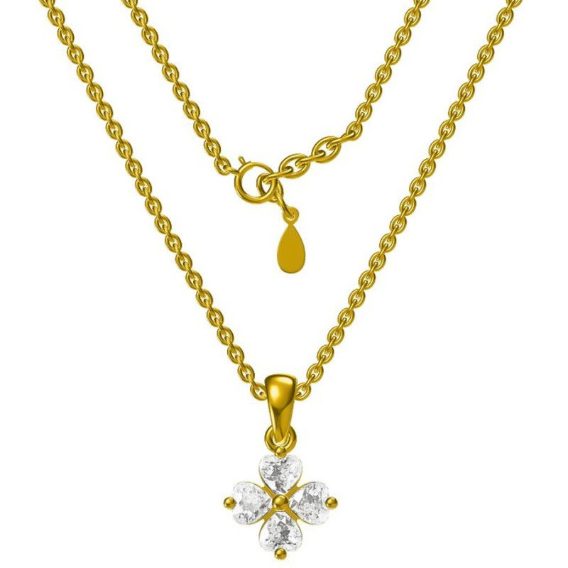 Aranyozott ezüst nyaklánc - négylevelű lóhere, átlátszó szív alakú cirkóniák, hossza 43 - 46 cm | Argento-ekszer.hu