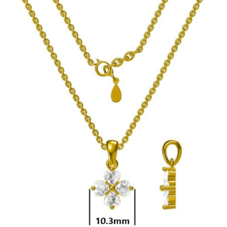 Aranyozott ezüst nyaklánc - négylevelű lóhere, átlátszó szív alakú cirkóniák, hossza 43 - 46 cm | Argento-ekszer.hu