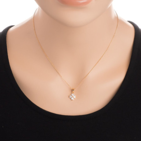 Aranyozott ezüst nyaklánc - négylevelű lóhere, átlátszó szív alakú cirkóniák, hossza 43 - 46 cm | Argento-ekszer.hu