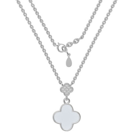 Ezüst nyaklánc - négylevelű lóhere, fehér  gyöngyház, átlátszó kerek cirkóniák, hossza 43 - 46 cm | Argento-ekszer.hu