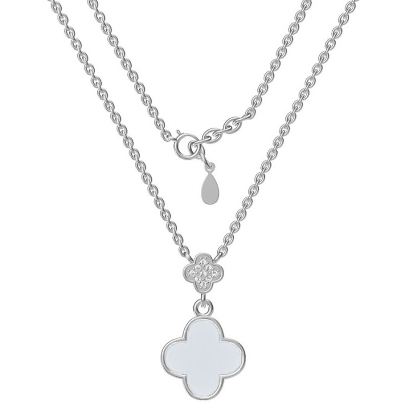 Ezüst nyaklánc - négylevelű lóhere, fehér  gyöngyház, átlátszó kerek cirkóniák, hossza 43 - 46 cm | Argento-ekszer.hu