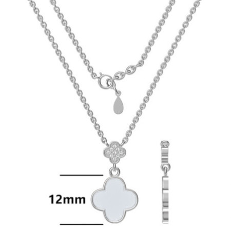 Ezüst nyaklánc - négylevelű lóhere, fehér  gyöngyház, átlátszó kerek cirkóniák, hossza 43 - 46 cm | Argento-ekszer.hu