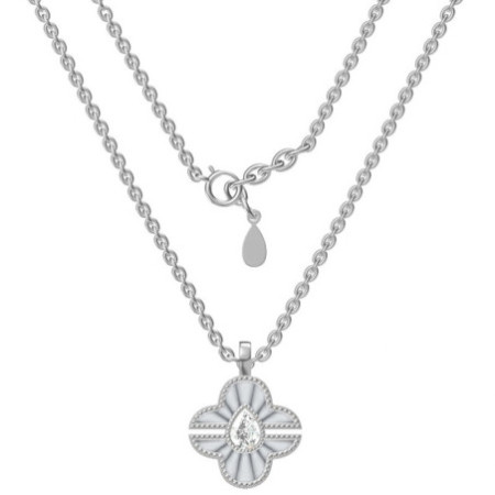Ezüst nyaklánc - négylevelű lóhere, átlátszó könnycsepp alakú cirkónia, fehér  gyöngyház, hossza 43 - 46 cm | Argento-ekszer.hu