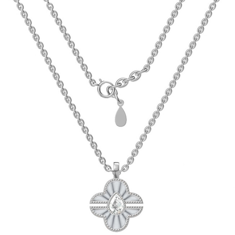 Ezüst nyaklánc - négylevelű lóhere, átlátszó könnycsepp alakú cirkónia, fehér  gyöngyház, hossza 43 - 46 cm | Argento-ekszer.hu