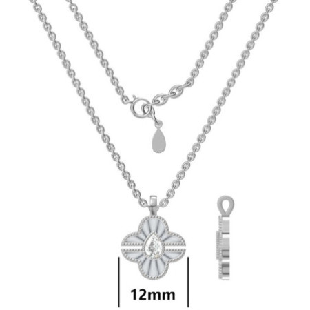 Ezüst nyaklánc - négylevelű lóhere, átlátszó könnycsepp alakú cirkónia, fehér  gyöngyház, hossza 43 - 46 cm | Argento-ekszer.hu