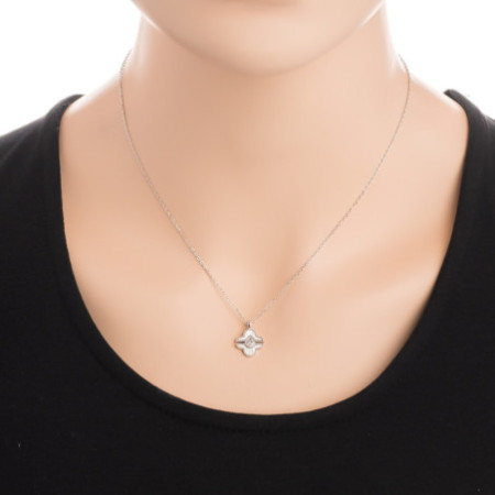 Ezüst nyaklánc - négylevelű lóhere, átlátszó könnycsepp alakú cirkónia, fehér  gyöngyház, hossza 43 - 46 cm | Argento-ekszer.hu