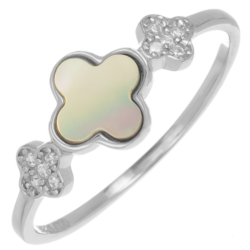 Ezüst gyűrű - négylevelű lóhere, fehér  gyöngyház, kerek cirkóniák | Argento-ekszer.hu