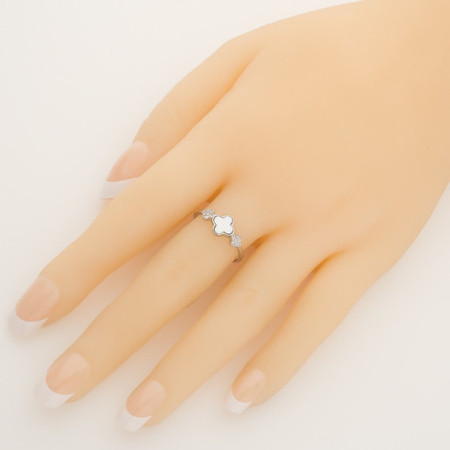 Ezüst gyűrű - négylevelű lóhere, fehér  gyöngyház, kerek cirkóniák | Argento-ekszer.hu