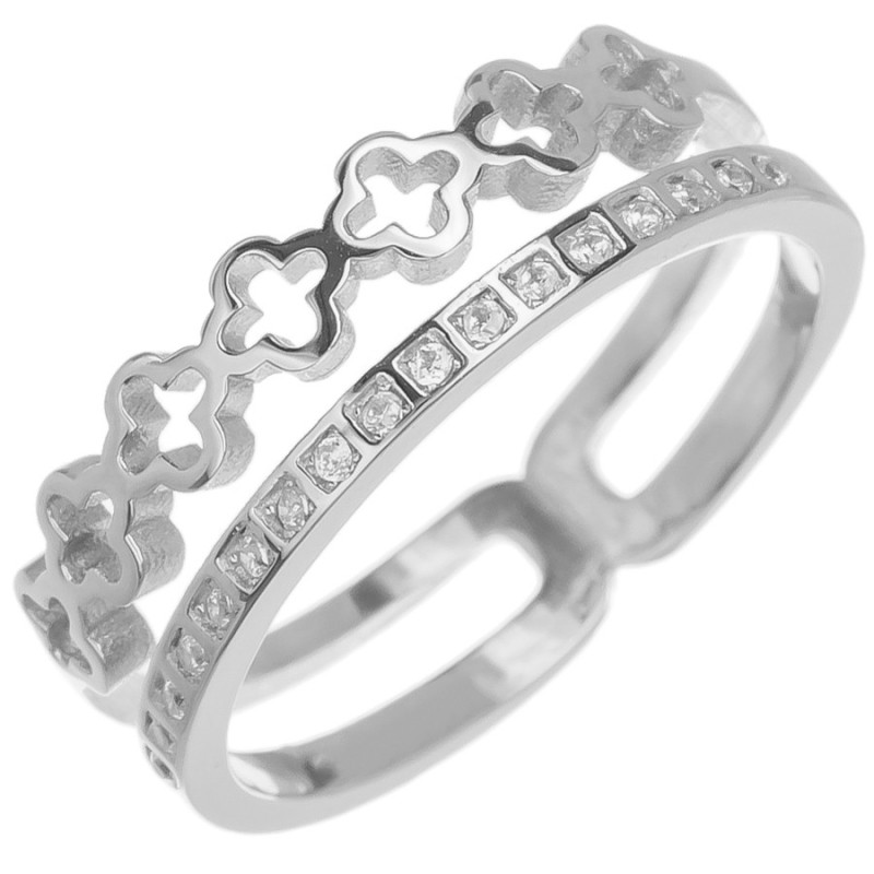 Ezüst gyűrű - négylevelű lóhere, átlátszó négyzet alakú cirkóniák | Argento-ekszer.hu