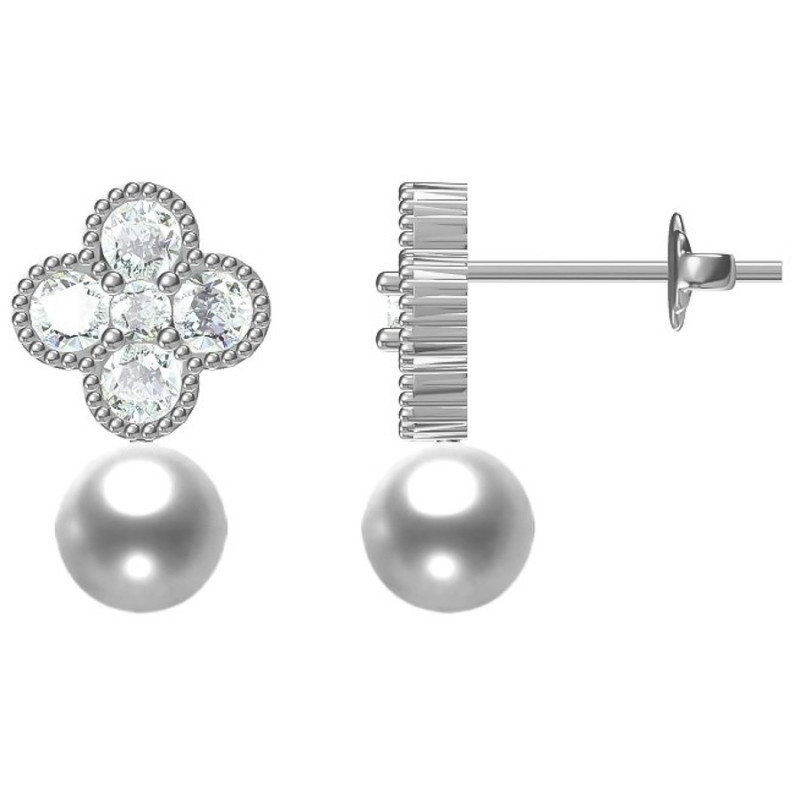 Ezüst fülbevaló - négylevelű lóhere, átlátszó kerek cirkóniák, fehér golyó alakú műgyöngy | Argento-ekszer.hu