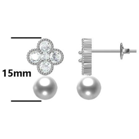 Ezüst fülbevaló - négylevelű lóhere, átlátszó kerek cirkóniák, fehér golyó alakú műgyöngy | Argento-ekszer.hu