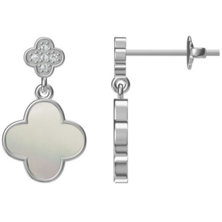 Ezüst fülbevaló - négylevelű lóhere, fehér  gyöngyház, átlátszó kerek cirkóniák | Argento-ekszer.hu